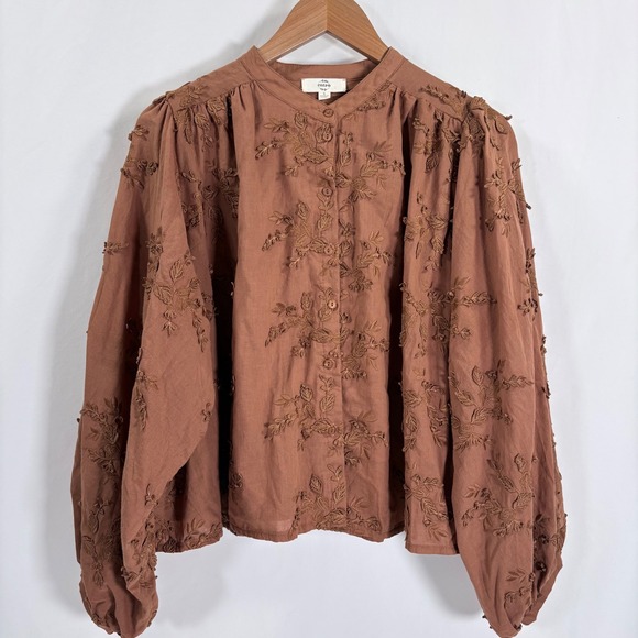 entro Tops - Entro Lace Applique Cropped Blouse Long Sleeve Brown Women Sz S Boho Oversized